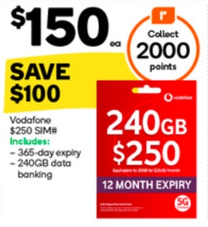 Vodafone $250 SIM卡特价！现价$150，省$100！250G流量！@ Woolworths