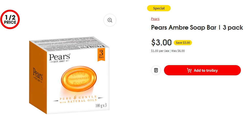 Pears琥珀香皂半价！3个装，现价$3.0！@ Coles