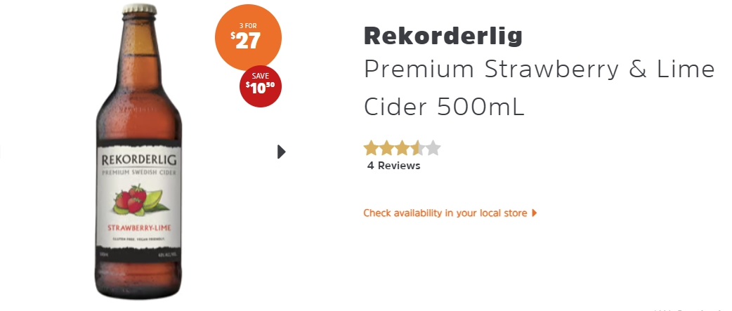 Rekorderlig优质草莓酸橙苹果酒，三瓶$27，省$10.5！@ BWS