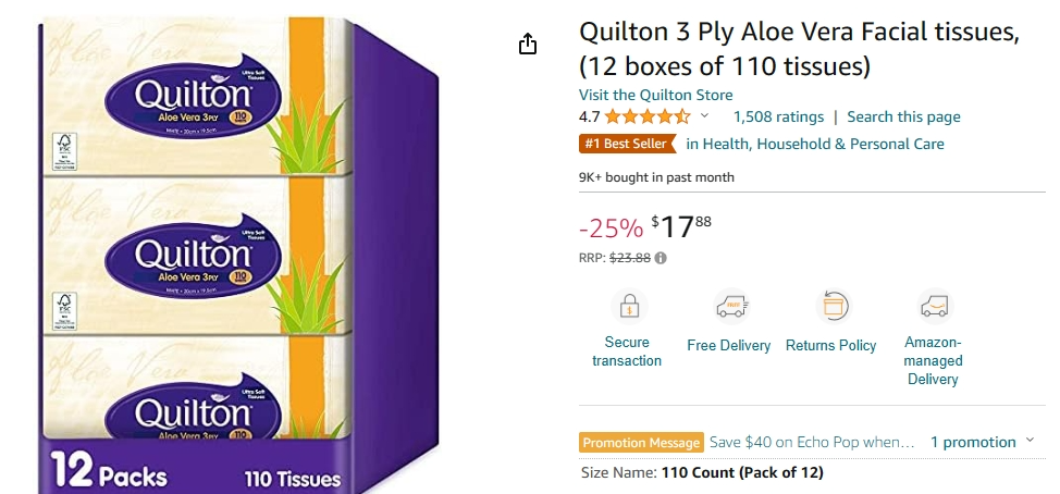 Quilton 三层芦荟抽纸，25%折扣！12盒，每盒110抽，现价$17.88！@ Amazon