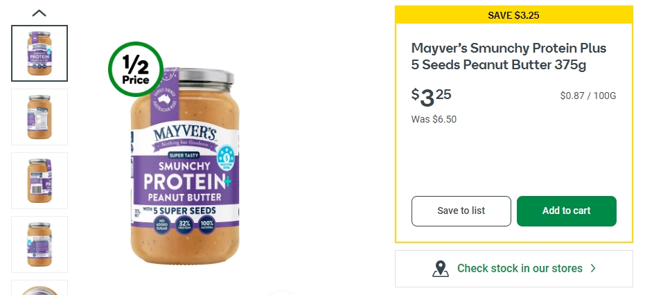 Mayver's含有五种籽的花生酱半价！375g，现价$3.25！@ Woolworths