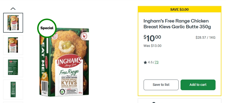 Ingham's自由放养蒜香黄油鸡胸肉特价！原价$13，现价$10！@ Woolworths