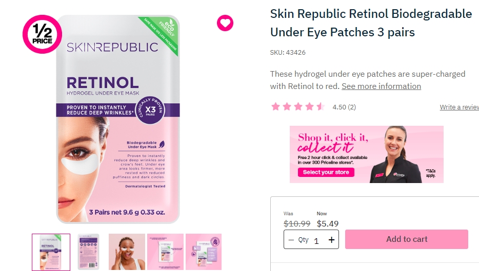 Skin Republic Retinol可生物降解眼膜半价！3副，现价$5.49！@ Priceline