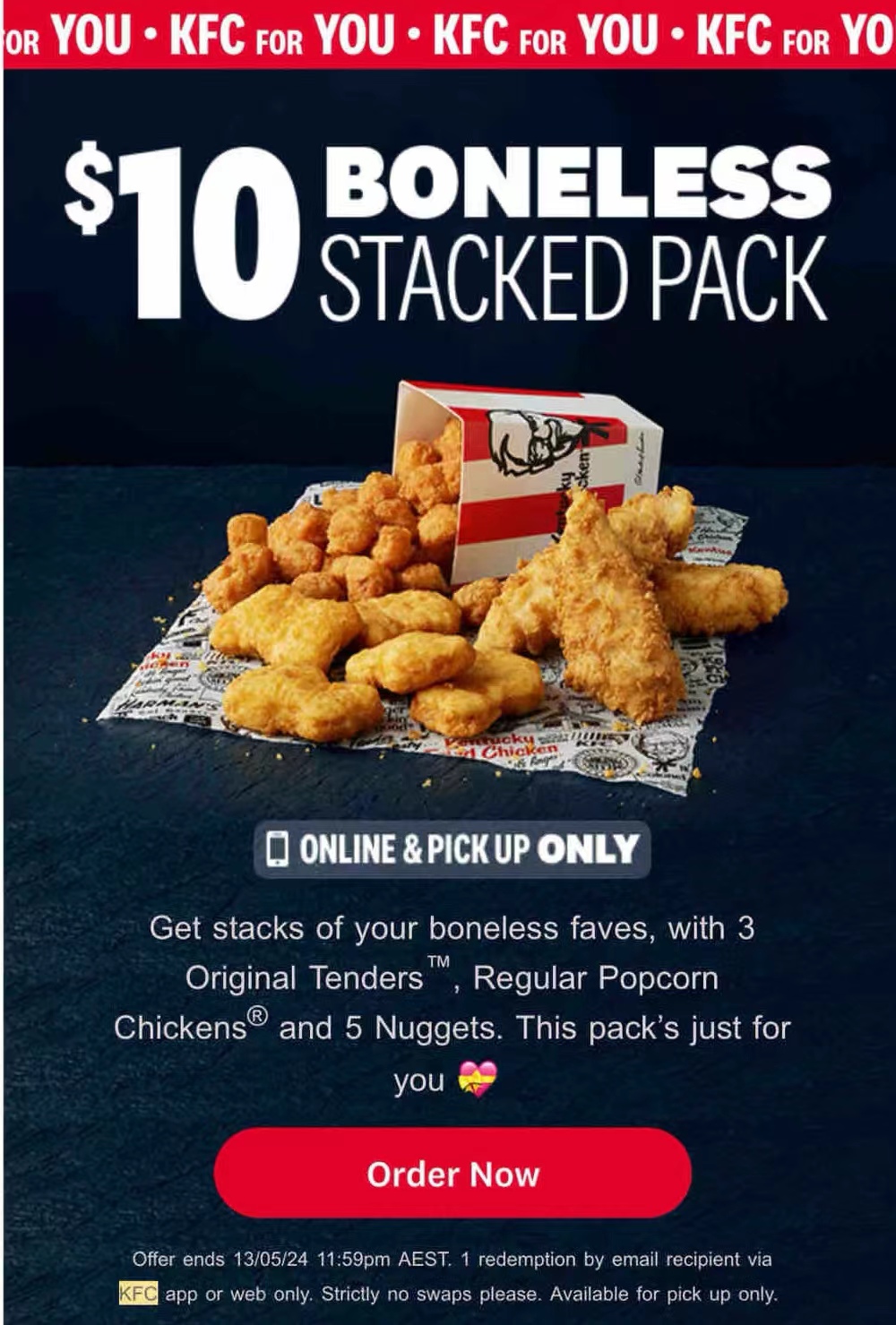 肯德基优惠：$10无骨套餐（3个原味鸡柳，常规鸡米花，5个鸡块）！@ KFC