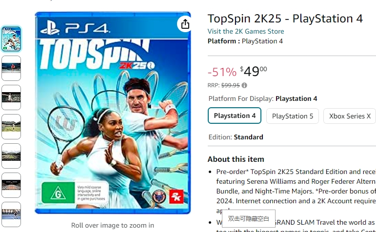 TopSpin 2K25 - PlayStation 4 网球大联盟游戏51%折扣！现价$49.00！@ Amazon