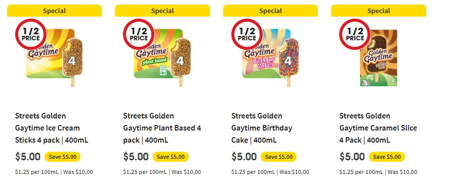 Streets Golden Gaytime 雪糕半价！4根，现价$5.0！@ Coles