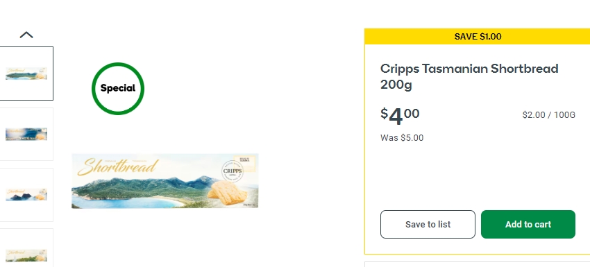 Cripps Tasmanian塔州黄油饼干特价！20%折扣，现价$4.0！@ Woolworths