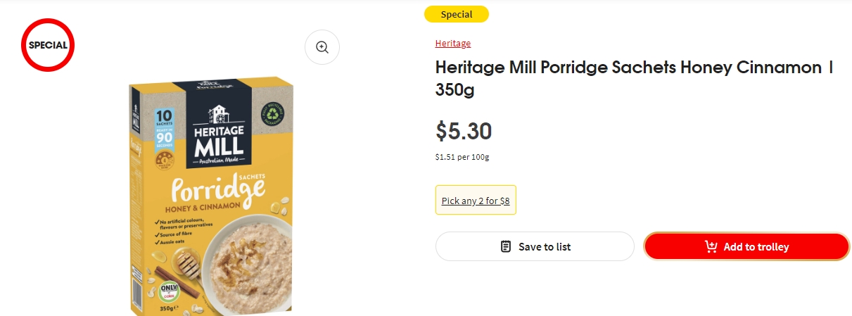 Heritage Mill 蜂蜜肉桂粥特价！两袋$8.0！@ Coles