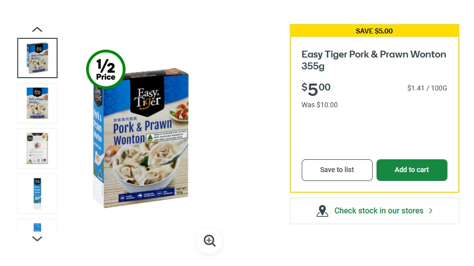 Easy Tiger鲜虾猪肉馄饨半价！现价$5.0！@ Woolworths