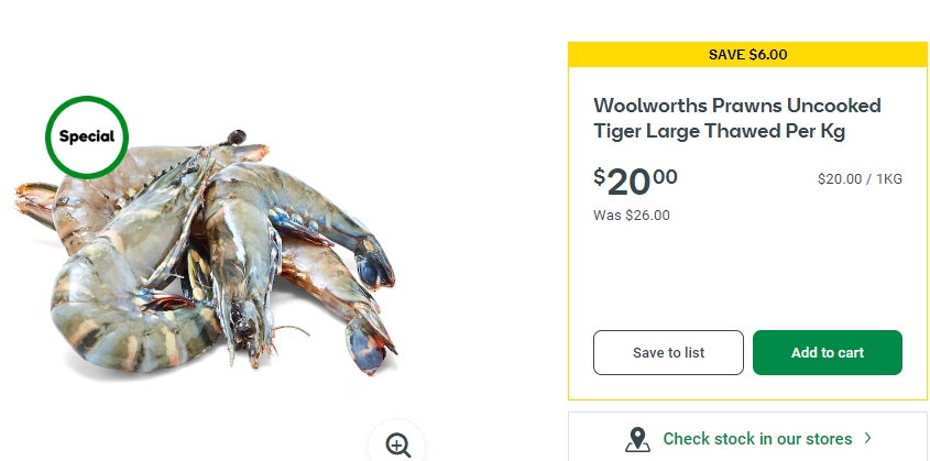 Woolworths 生的虎虾特价！原价每千克$26，现价$20/kg！