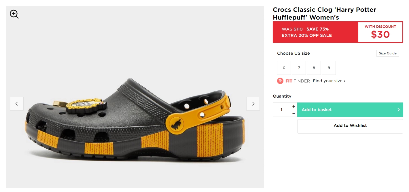 Crocs 'Harry Potter Hufflepuff' 经典洞洞鞋折上折，现价$30！@ JD Sports