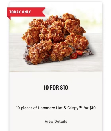 肯德基限时优惠套餐:  Habanero Hot & Crispy香辣炸鸡10个，价格$10！@ KFC