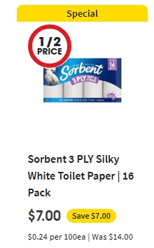 Sorbent三层厕纸半价！16包，现价$7.00！@ Coles