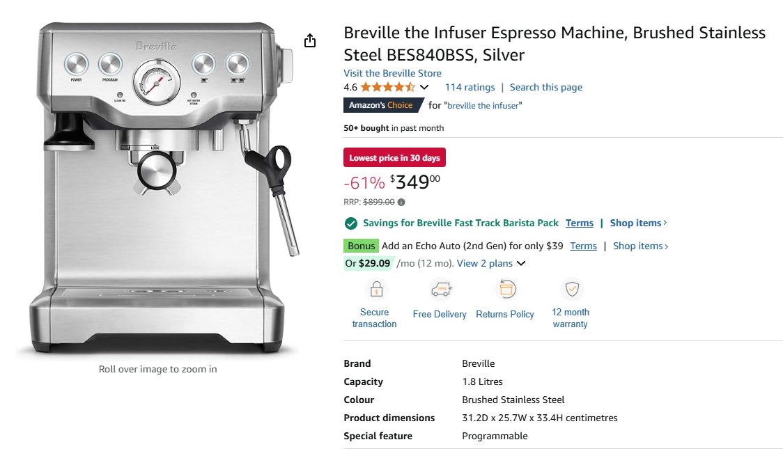 Breville不锈钢浓缩咖啡机61%折扣！原价$899.00 ，现价$349！@ Amazon