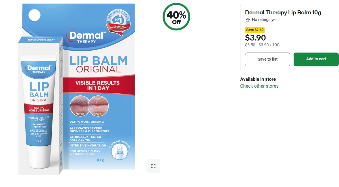 Dermal 润唇膏特价！10g ，40%折扣！现价$3.90！@ Woolworths