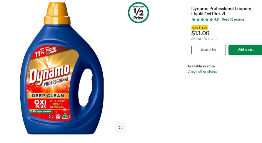 Dynamo专业Oxi Plus洗衣液，2升，半价，现价$13！@ Woolworths