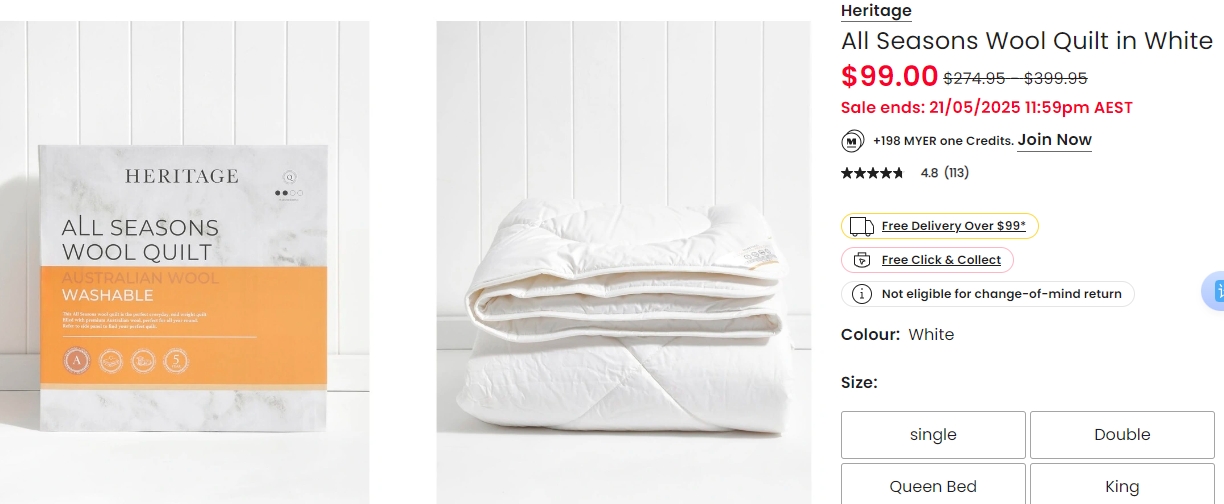 Heritage四季羊毛被特价！最高75%折扣！现价$99.00！@ Myer