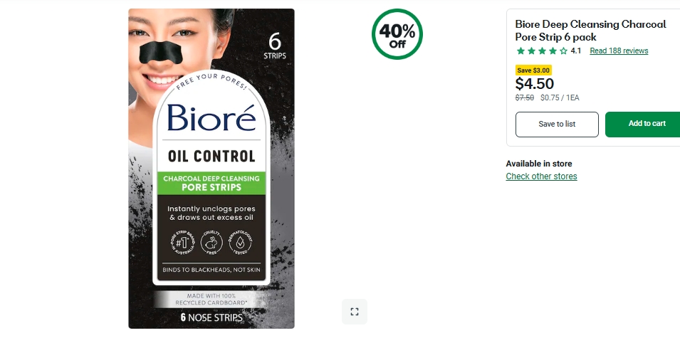 Biore深层清洁炭黑头贴特价！ 40%折扣！6个装，现价$4.50！@ Woolworths