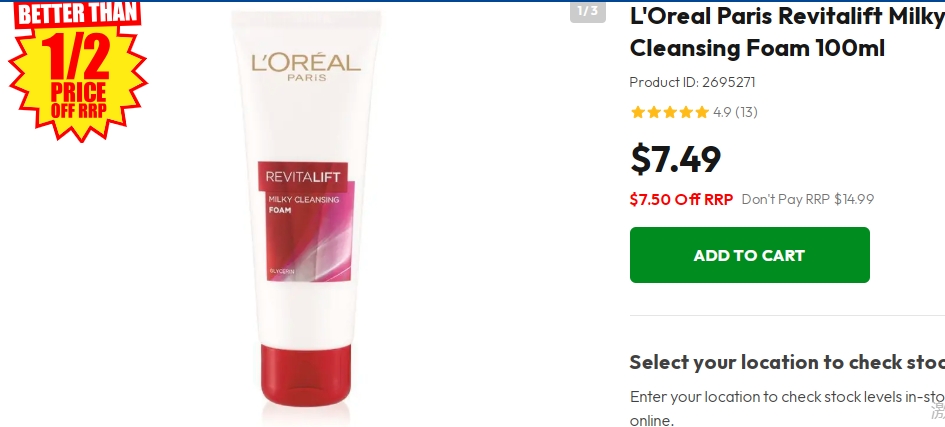 巴黎欧莱雅焕肤泡沫洁面乳半价！100ml，现价$7.49！@ Chemist Warehouse