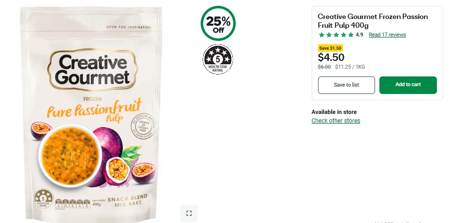 Creative Gourmet 冷冻百香果特价！25%折扣，现价$4.50！@ Woolworths