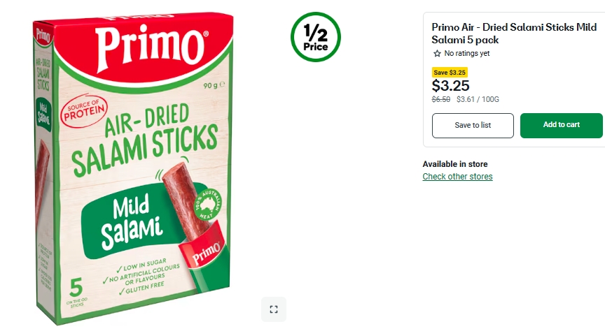 Primo风干意大利腊肠半价！5个，现价$3.25！@ Woolworths
