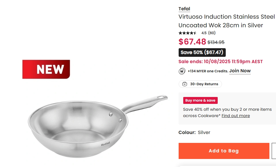 Tefal 28cm 无涂层不锈钢锅50%折扣！现价$67.48! @ Myer