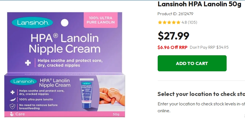 Lansinoh HPA羊脂膏特价！20%折扣，50g，现价$27.99，省$6.96！@ Chemist Warehouse