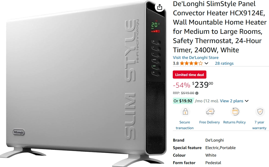 De'Longhi薄型面板对流加热器54%折扣！现价$239.00！@ Amazon