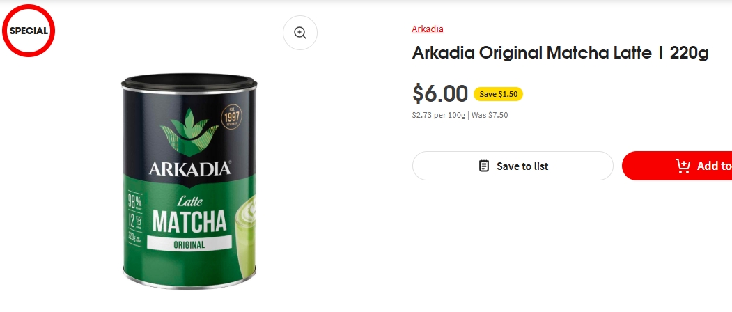 Arkadia原味抹茶拿铁特价！现价$6.00，省$1.50！@ Coles