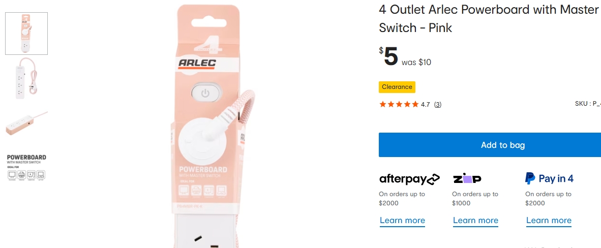 粉色带总开关的4插座接线板清仓促销！半价，现价$5！@ Kmart